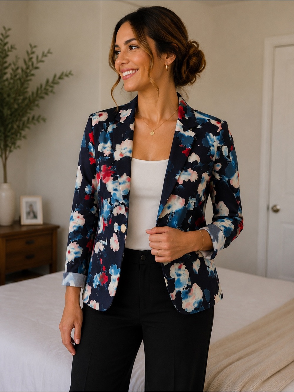 Floral Print Navy Blazer Jacket - Women's